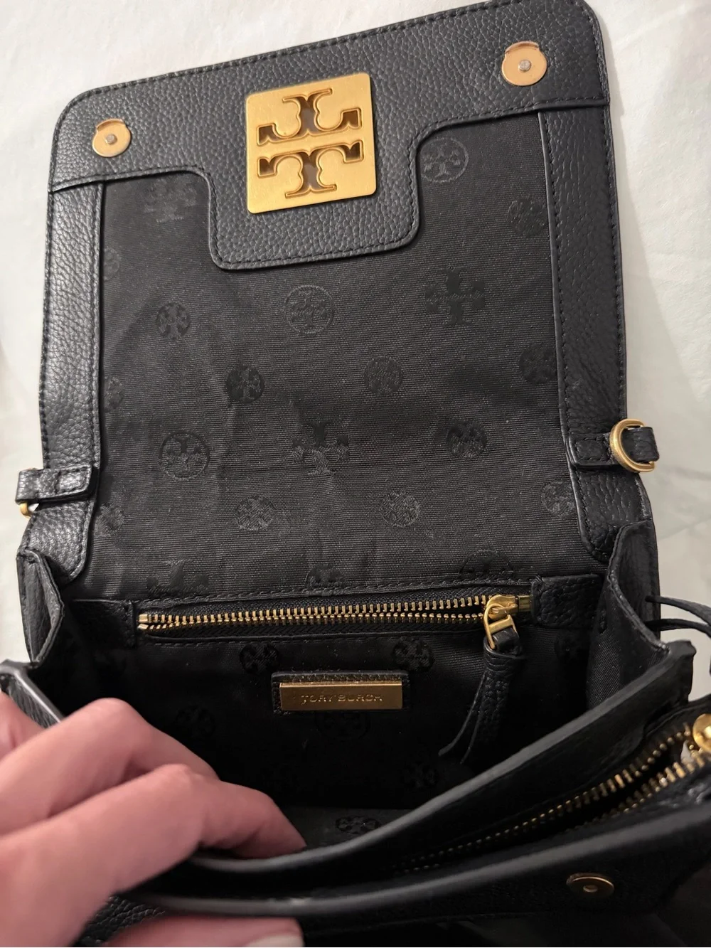 Tory Burch black Pebbled Leather Zip with Gold Logo